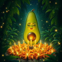 A mystical scene depicting a feminine avocado engaged in a Hot Cheeto ritual in a lush jungle at night