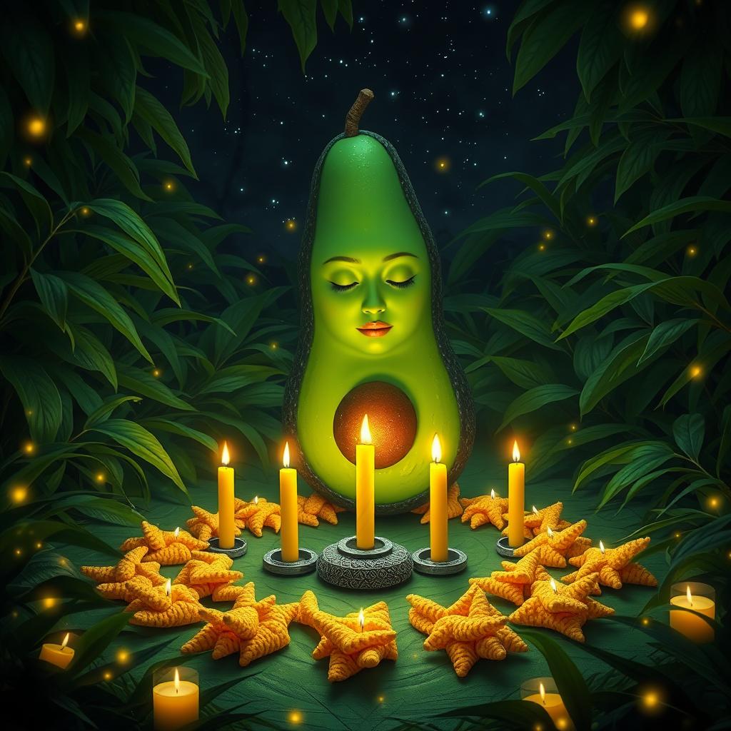 A mystical scene depicting a feminine avocado engaged in a Hot Cheeto ritual in a lush jungle at night