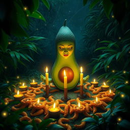 A mystical scene depicting a feminine avocado engaged in a Hot Cheeto ritual in a lush jungle at night