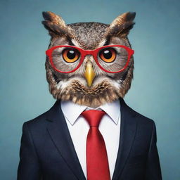 A cartoon owl looking professional in a suit, a vibrant red tie, and sleek glasses