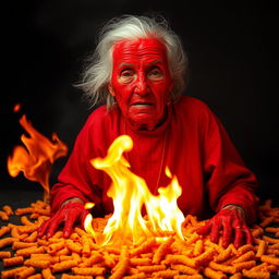 A striking and surreal image of an old lady covered in bright red paint resembling blood, with fierce flames erupting from below, creating a dramatic scene