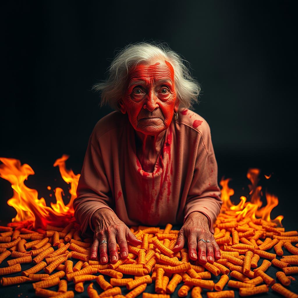 A striking and surreal image of an old lady covered in bright red paint resembling blood, with fierce flames erupting from below, creating a dramatic scene