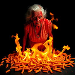 A striking and surreal image of an old lady covered in bright red paint resembling blood, with fierce flames erupting from below, creating a dramatic scene