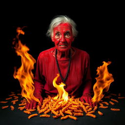 A striking and surreal image of an old lady covered in bright red paint resembling blood, with fierce flames erupting from below, creating a dramatic scene