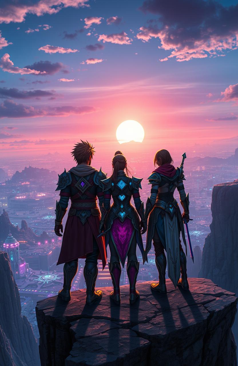 Three diverse characters, a heroic warrior, a clever mage, and a resourceful rogue, standing on the edge of a high cliff