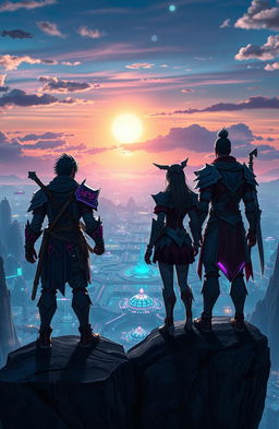 Three diverse characters, a heroic warrior, a clever mage, and a resourceful rogue, standing on the edge of a high cliff