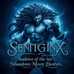 A captivating fantasy scene depicting a powerful man mid-transformation into a werewolf under a blue toned advanced background, rich with intricate dark magic motifs