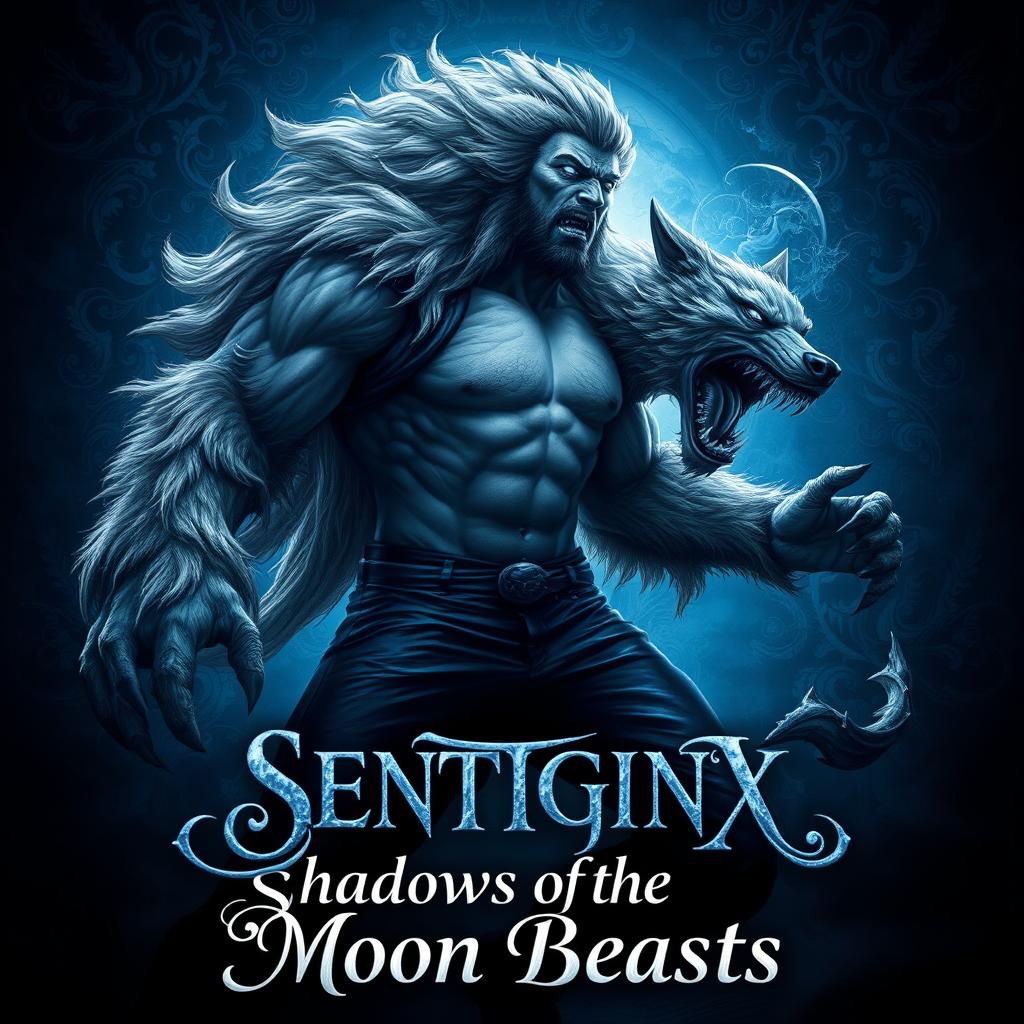 A captivating fantasy scene depicting a powerful man mid-transformation into a werewolf under a blue toned advanced background, rich with intricate dark magic motifs