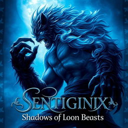 A captivating fantasy scene depicting a powerful man mid-transformation into a werewolf under a blue toned advanced background, rich with intricate dark magic motifs