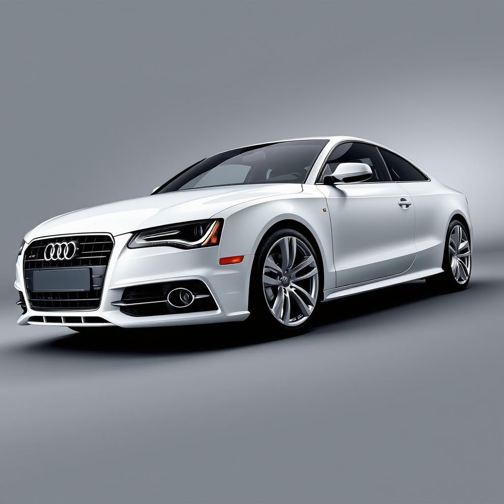 A striking Audi in a brilliant white finish with sleek silver wheels, positioned against a smooth gray background