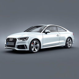 A striking Audi in a brilliant white finish with sleek silver wheels, positioned against a smooth gray background