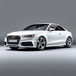 A striking Audi in a brilliant white finish with sleek silver wheels, positioned against a smooth gray background