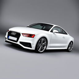 A striking Audi in a brilliant white finish with sleek silver wheels, positioned against a smooth gray background