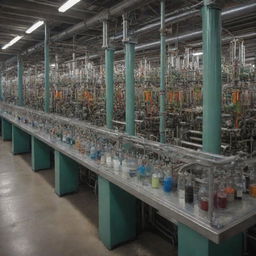 Depict a bustling factory where mechanical energy from large, intricate machines is harnessed to facilitate chemical reactions in variously colored liquid-filled glass vials and tubes.