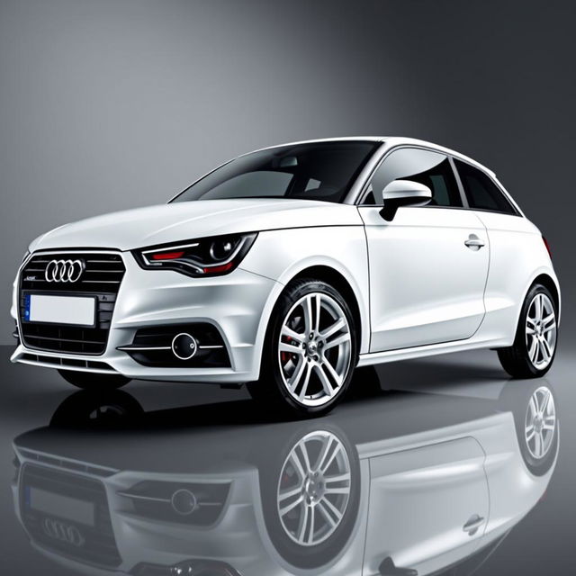 A striking Audi A1 in a pristine white finish, featuring sleek silver wheels that gleam under soft ambient light