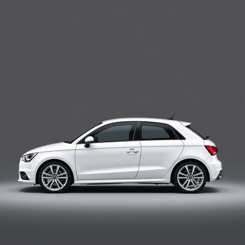 A striking Audi A1 in a pristine white finish, featuring sleek silver wheels that gleam under soft ambient light