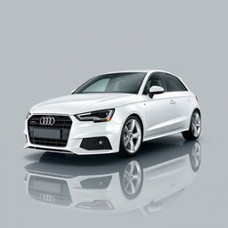 A striking Audi A1 in a pristine white finish, featuring sleek silver wheels that gleam under soft ambient light