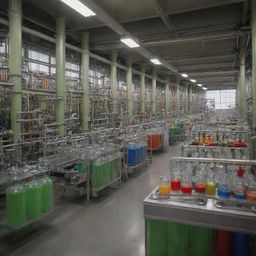 Depict a bustling factory where mechanical energy from large, intricate machines is harnessed to facilitate chemical reactions in variously colored liquid-filled glass vials and tubes.