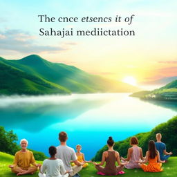 A serene landscape depicting the essence of Sahaja meditation, featuring a tranquil setting with lush green hills and a calm lake reflecting the sky