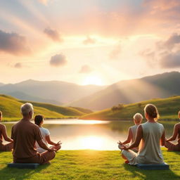 A serene landscape depicting the essence of Sahaja meditation, featuring a tranquil setting with lush green hills and a calm lake reflecting the sky