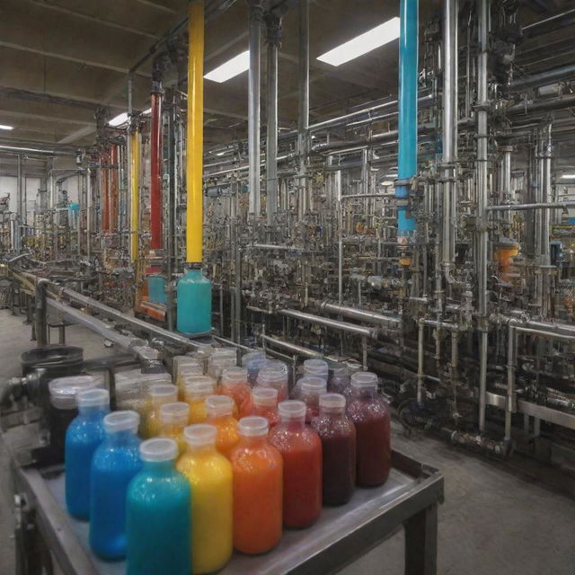 Depict a bustling factory where mechanical energy from large, intricate machines is harnessed to facilitate chemical reactions in variously colored liquid-filled glass vials and tubes.