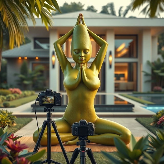 A vibrant scene of a rich feminine avocado practicing yoga in a serene setting, with a sleek, modern luxurious house in the background