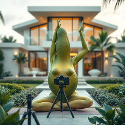 A vibrant scene of a rich feminine avocado practicing yoga in a serene setting, with a sleek, modern luxurious house in the background