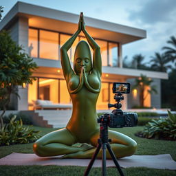 A vibrant scene of a rich feminine avocado practicing yoga in a serene setting, with a sleek, modern luxurious house in the background