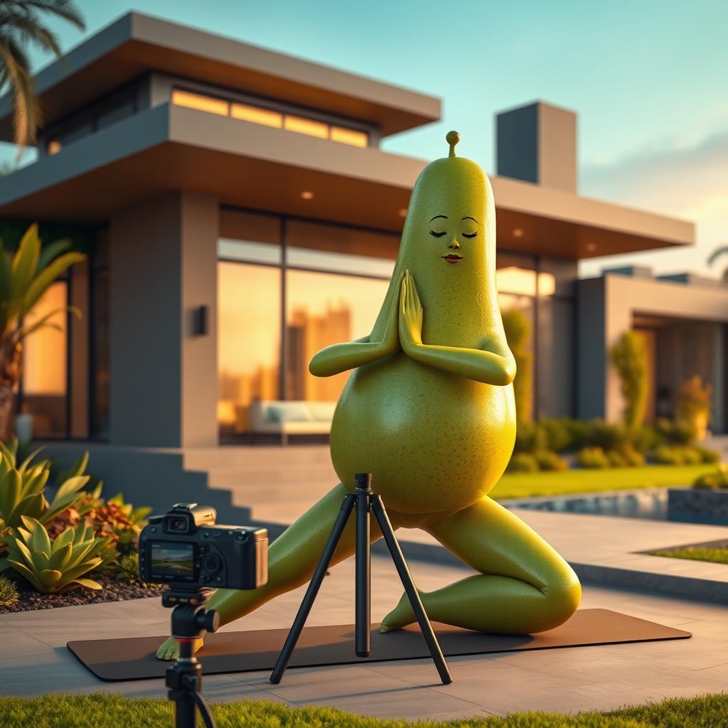 A vibrant scene of a rich feminine avocado practicing yoga in a serene setting, with a sleek, modern luxurious house in the background