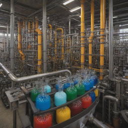 Depict a bustling factory where mechanical energy from large, intricate machines is harnessed to facilitate chemical reactions in variously colored liquid-filled glass vials and tubes.