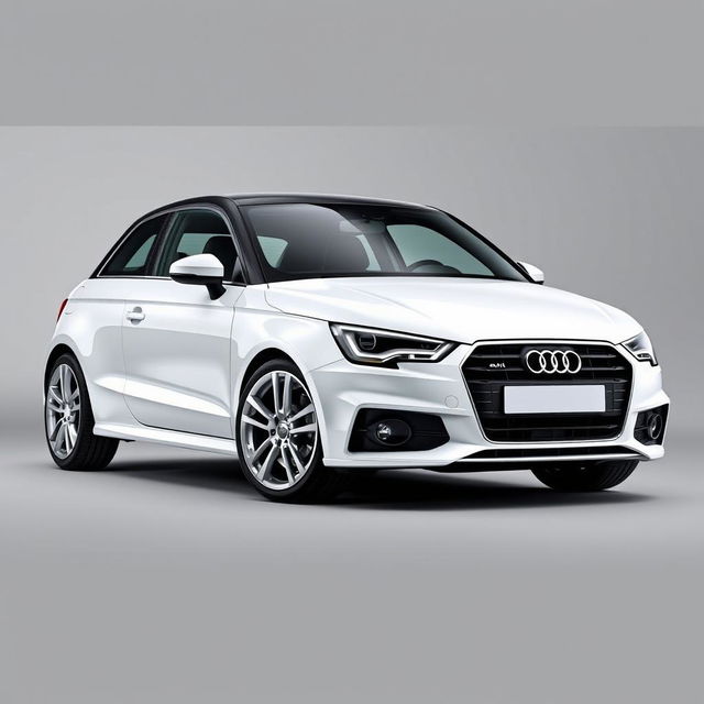 A realistic and striking Audi A1 in a glossy white finish, equipped with sleek silver wheels that shine brightly