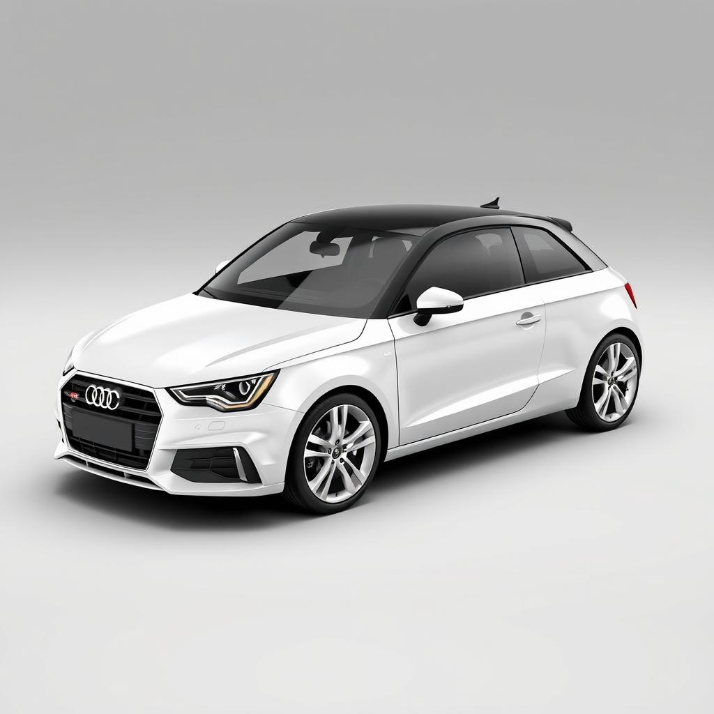 A realistic and striking Audi A1 in a glossy white finish, equipped with sleek silver wheels that shine brightly