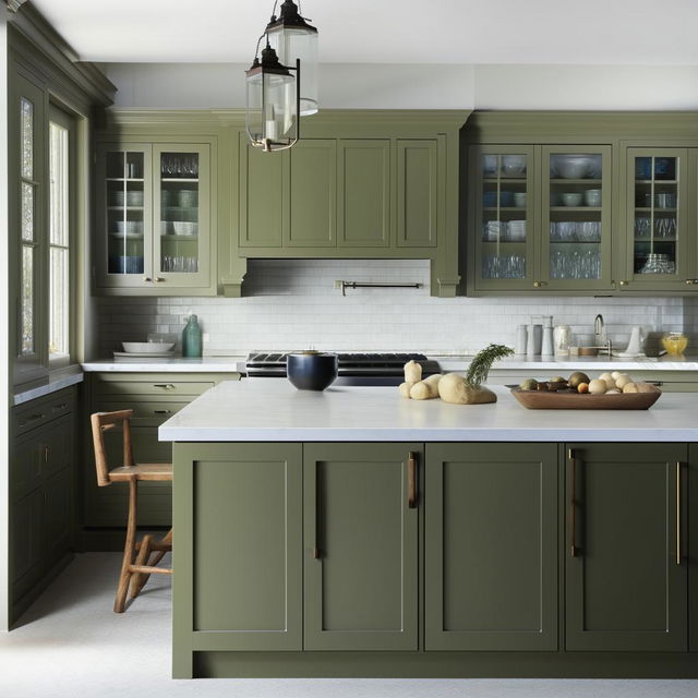 A modern farmhouse style kitchen featuring green cabinets and a white subway tile backsplash. The L-shaped layout has a glass China cabinet at one end and a central peninsula island.