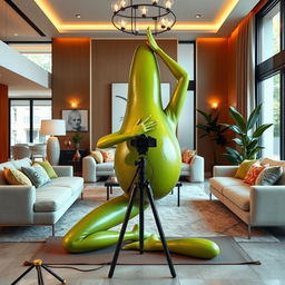 A vibrant scene of a rich feminine avocado practicing yoga in a luxurious modern living room