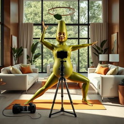 A vibrant scene of a rich feminine avocado practicing yoga in a luxurious modern living room