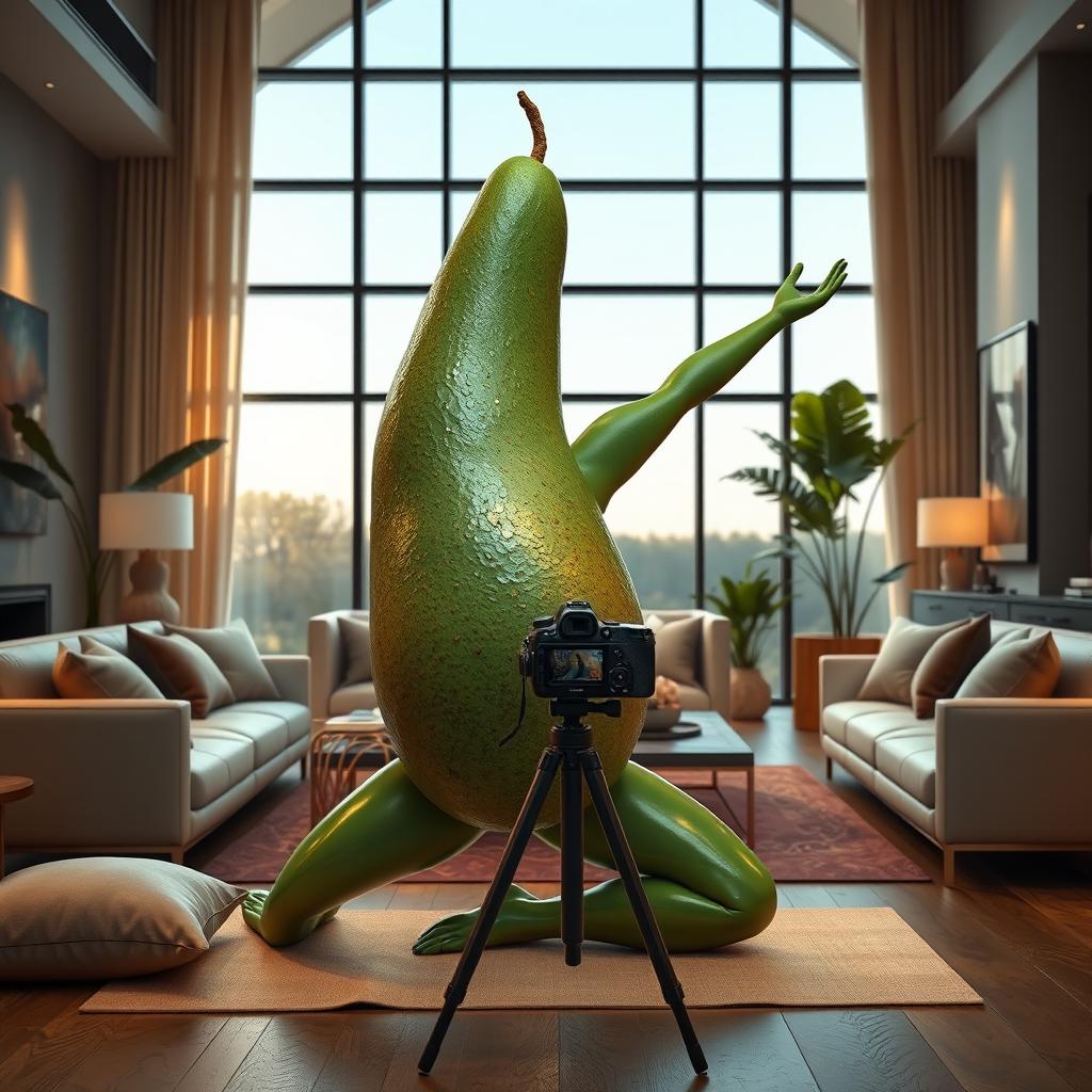 A vibrant scene of a rich feminine avocado practicing yoga in a luxurious modern living room