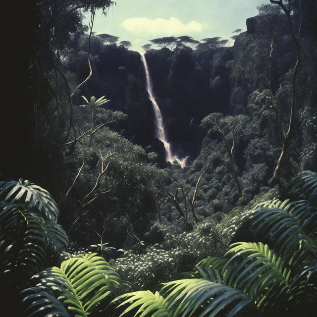 High-definition cinema photography style shot of an African jungle with fantasy vibes, cliffs, a waterfall, perfect and intense lighting effects.