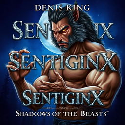 A captivating illustration for a fantasy book titled 'SENTIGINX' by DENIS KING, depicting a muscular man mid-transformation into a werewolf