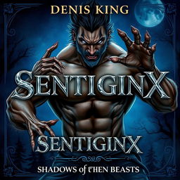 A captivating illustration for a fantasy book titled 'SENTIGINX' by DENIS KING, depicting a muscular man mid-transformation into a werewolf