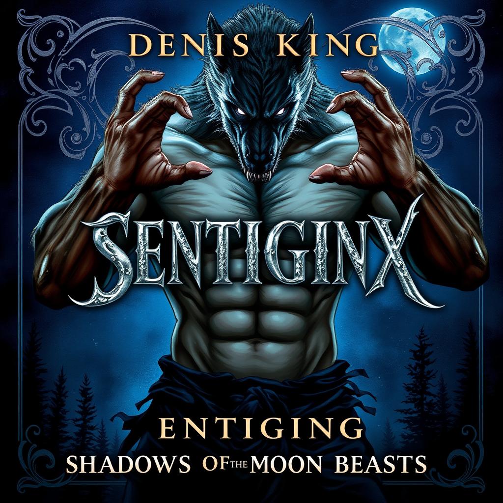 A captivating illustration for a fantasy book titled 'SENTIGINX' by DENIS KING, depicting a muscular man mid-transformation into a werewolf