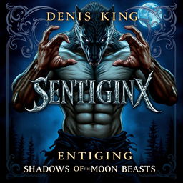 A captivating illustration for a fantasy book titled 'SENTIGINX' by DENIS KING, depicting a muscular man mid-transformation into a werewolf