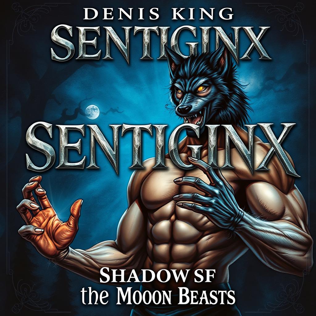 A captivating illustration for a fantasy book titled 'SENTIGINX' by DENIS KING, depicting a muscular man mid-transformation into a werewolf