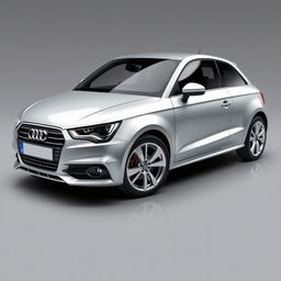 A realistic and striking Audi A1 in a sleek silver finish, showcasing its modern design and shiny, sleek silver wheels