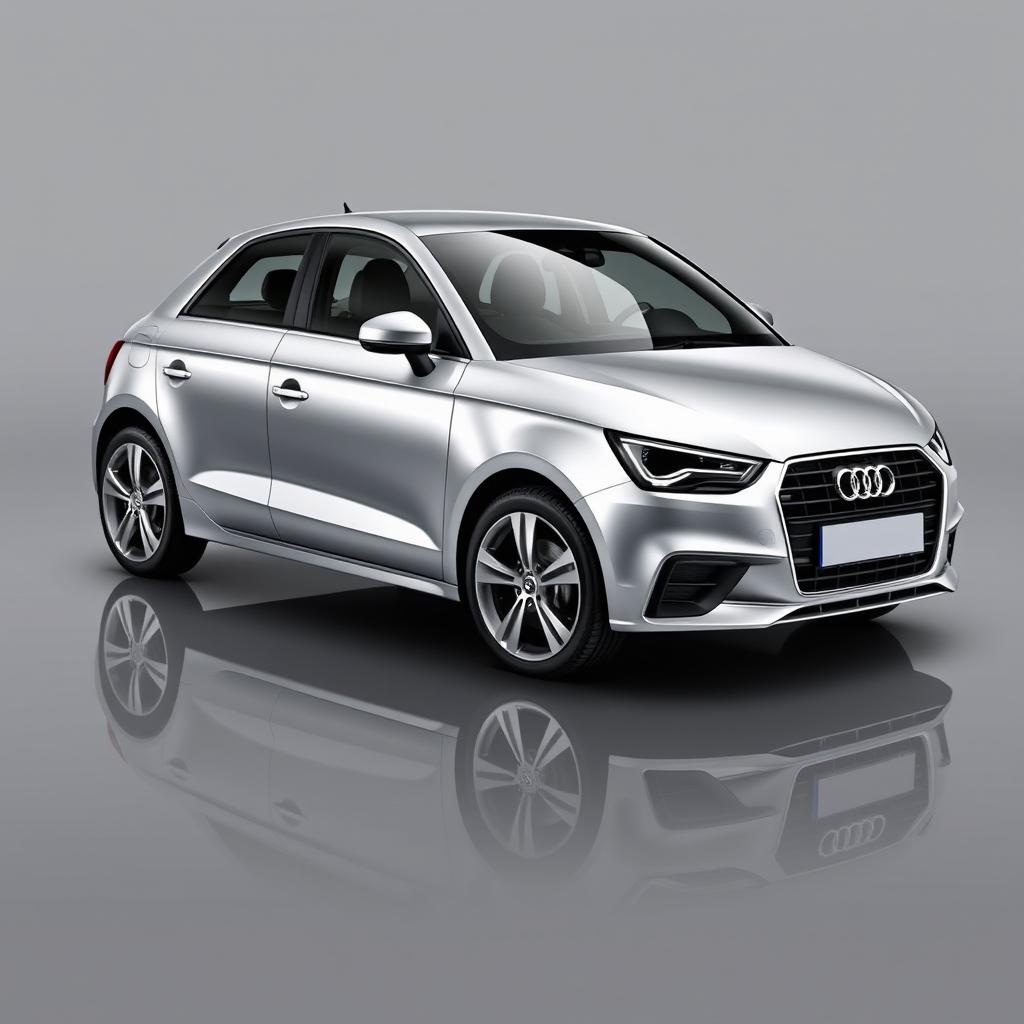 A realistic and striking Audi A1 in a sleek silver finish, showcasing its modern design and shiny, sleek silver wheels