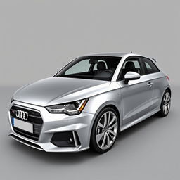 A realistic and striking Audi A1 in a sleek silver finish, showcasing its modern design and shiny, sleek silver wheels