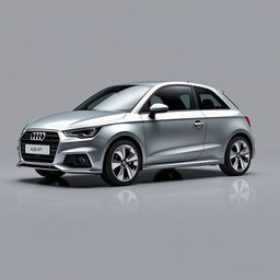 A realistic and striking Audi A1 in a sleek silver finish, showcasing its modern design and shiny, sleek silver wheels