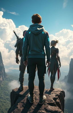 In a stunning game world setting, three characters stand together on the edge of a dramatic cliff, facing away from the viewer