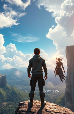 In a stunning game world setting, three characters stand together on the edge of a dramatic cliff, facing away from the viewer