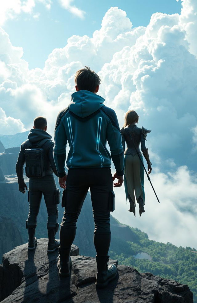 In a stunning game world setting, three characters stand together on the edge of a dramatic cliff, facing away from the viewer