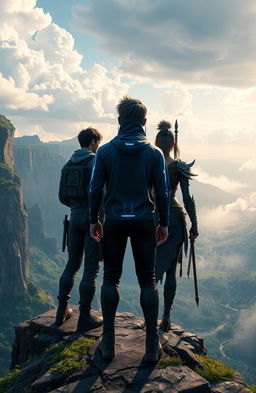 In a stunning game world setting, three characters stand together on the edge of a dramatic cliff, facing away from the viewer